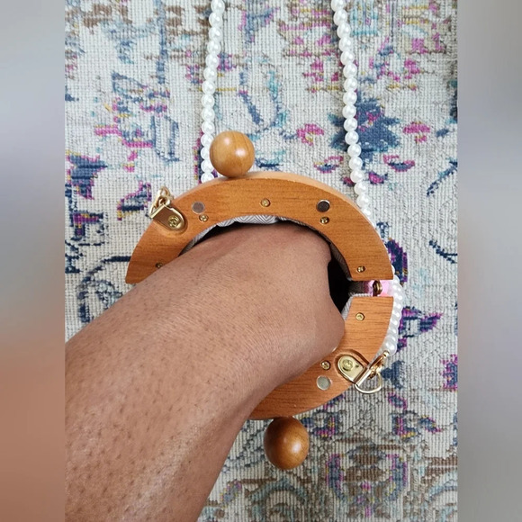 New, Bubble Gum Studded Pink, Wooden Closure, Clutch/Pearl Strap Purse - Picture 11 of 15